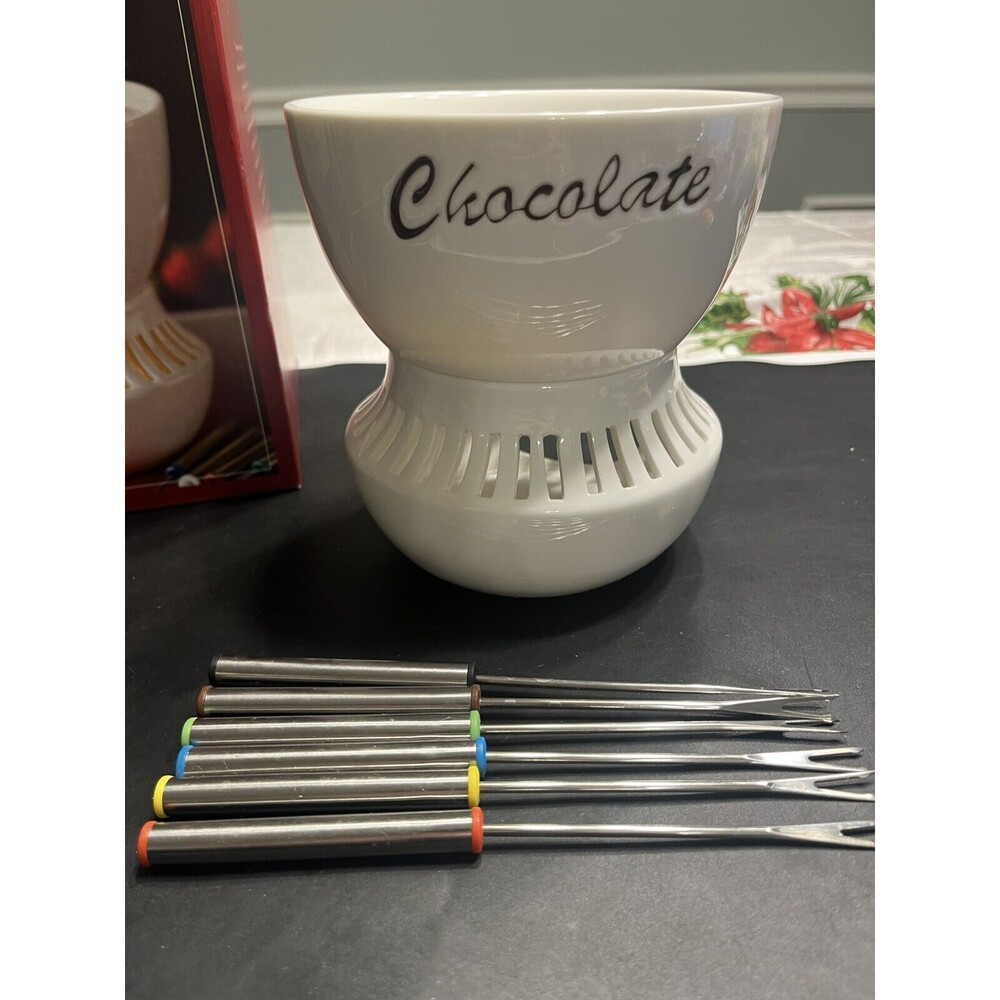 Williams Sonoma Porcelain Fondue Pot with 6 Dipping Forks - New in Box